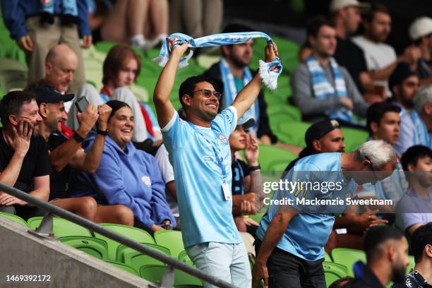 Spectator reacts during the round 18 A-League Men's match between Melbourne City and Sydney FC at AAMI Park, on February 25 in Melbourne, Australia.