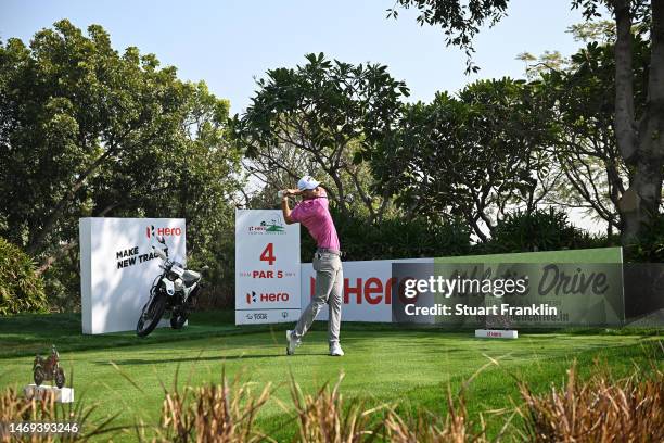 Nicolai Hojgaard of Denmark plays his tee shot on the fourth hole during Day Three of the Hero Indian Open at Dlf Golf and Country Club on February...