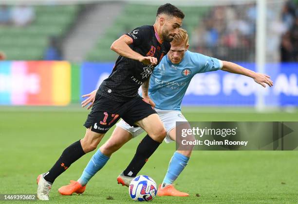 Anthony Caceres of Sydney FC controls the ball during the round 18 A-League Men's match between Melbourne City and Sydney FC at AAMI Park, on...