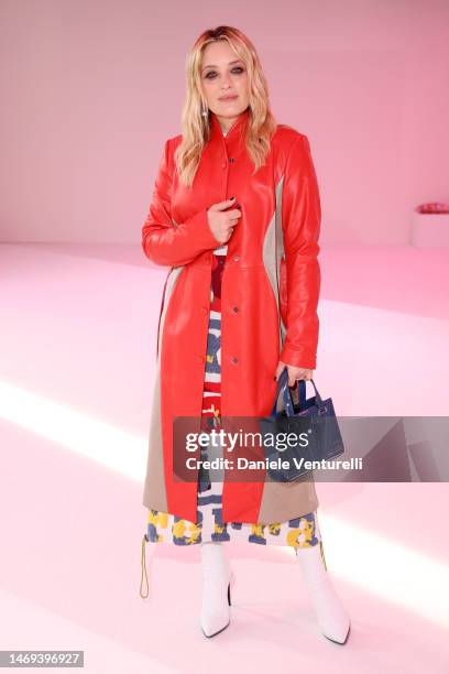 Carolina Crescentini is seen on the front row of the Ferrari fashion show during the Milan Fashion Week Womenswear Fall/Winter 2023/2024 on February...