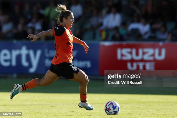 Katrina-Lee Gorry of the Roar runs with the ball during the round 15 A-League Women's match between Perth Glory and Brisbane Roar at Macedonia Park,...