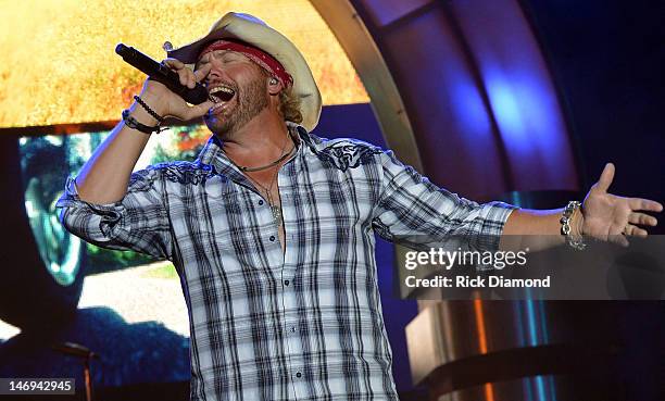 Toby Keith performs during the 2012 Country Stampede - Day 3 at Tuttle Creek State Park on June 23, 2012 in Manhattan, Kansas.