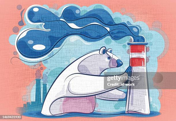 polar bear pushing smoking chimney - factory smoke stock illustrations
