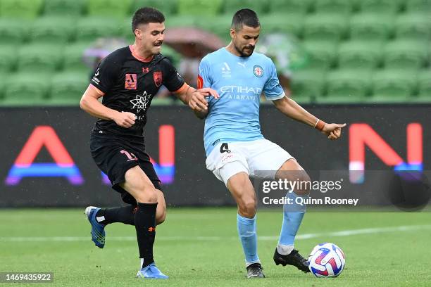 Nuno Reis of Melbourne City passes the ball during the round 18 A-League Men's match between Melbourne City and Sydney FC at AAMI Park, on February...