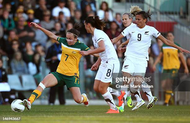 Caitlin Foord of Australia in action during the women's international friendly match between the Australian Matildas and New Zealand at WIN Stadium...