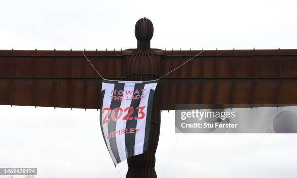 Giant flag reading 'Howay the lads, Wembley 2023' is seen hanging on the Angel of the North statue as cup final fever hits the area ahead of Sunday's...