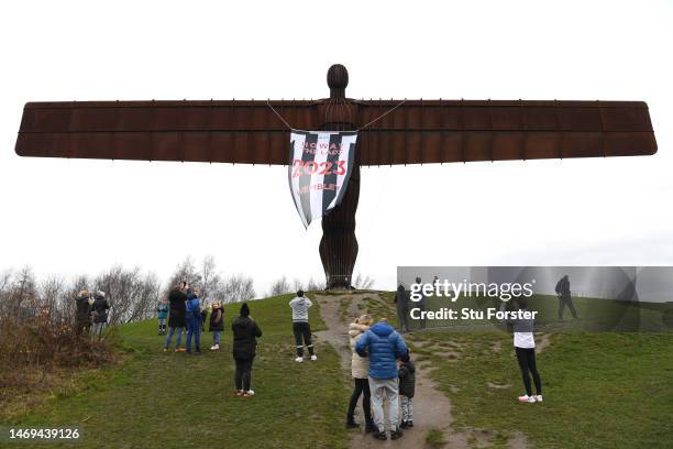 Giant flag reading 'Howay the lads, Wembley 2023' is seen hanging on the Angel of the North statue as cup final fever hits the area ahead of Sunday's...