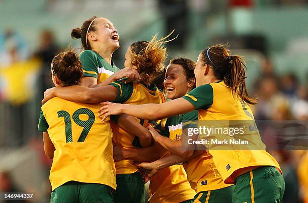 The Matildas celebrate a last minute goal by Thea Slatyer during the women's international friendly match between the Australian Matildas and New...