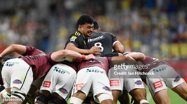 Isaia Walker-Leawere of the Hurricanes stands up is scrimmage during the round one Super Rugby Pacific match between Queensland Reds and Hurricanes...