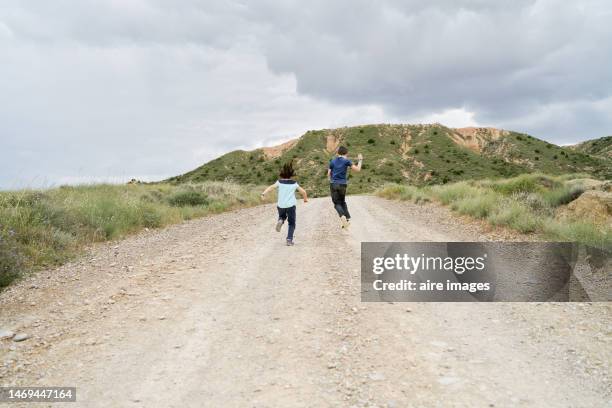 two brothers running a race on a hare trail with vegetation on the sides, cloudy sky, rear view in bardenas reales - navarra stockfoto's en -beelden