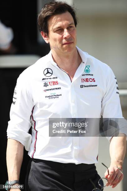 Mercedes GP Executive Director Toto Wolff looks on during day three of F1 Testing at Bahrain International Circuit on February 25, 2023 in Bahrain,...