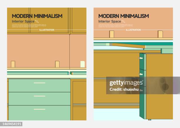 modern minimalism interior space structure poster collection,cabinet and table - table perspective stock illustrations