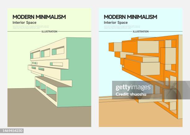 modern minimalism interior space structure poster collection,cabinet  and table - postmodern stock illustrations