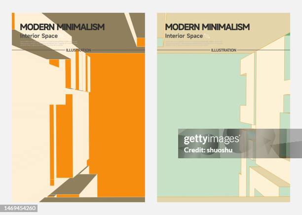 modern minimalism interior space structure poster collection,cabinet and table - table perspective stock illustrations