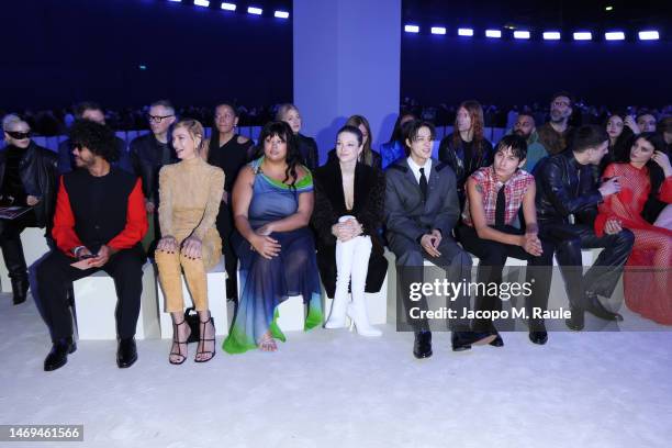 Rafael Pavarotti, Uma Thurman, Shygirl, Hunter Schafer, Jeno, Evan Mock and Dustinare seen at the front row of Salvatore Ferragamo Fall/Winter...