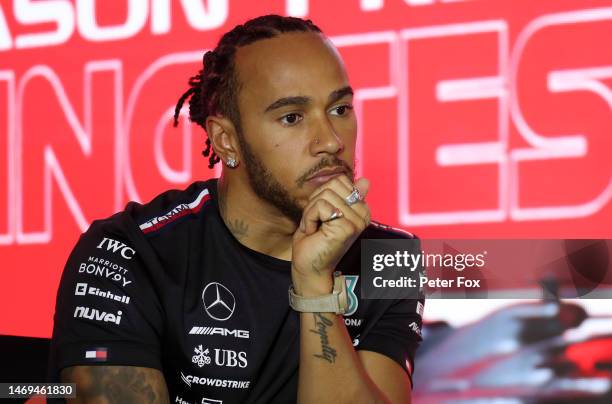 Lewis Hamilton of Great Britain and Mercedes attends the Drivers Press Conference during day three of F1 Testing at Bahrain International Circuit on...