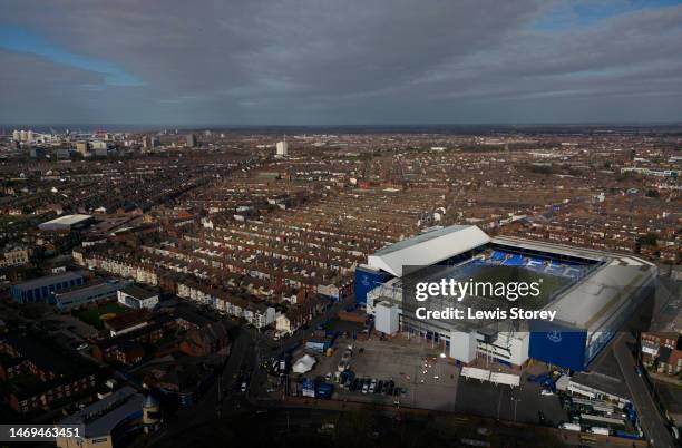 An aerial view of Goodison Park is seen prior to the Premier League match between Everton FC and Aston Villa on February 25, 2023 in Liverpool,...