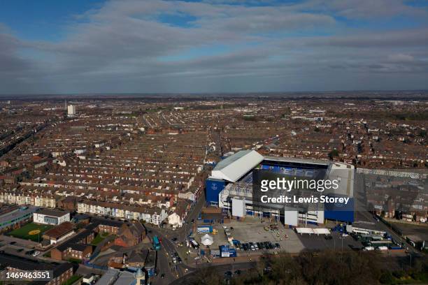 An aerial view of Goodison Park is seen prior to the Premier League match between Everton FC and Aston Villa on February 25, 2023 in Liverpool,...