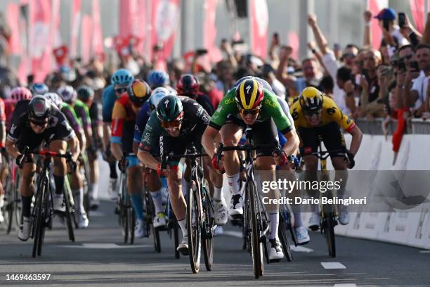 General view of Tim Merlier of Belgium and Team Soudal Quick-Step - Green Points Jersey and Sam Bennett of Ireland and Team Bora – Hansgrohe sprint...