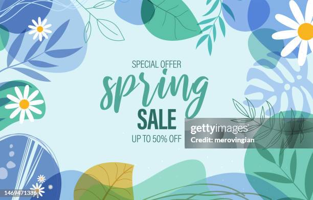 ilustrações, clipart, desenhos animados e ícones de ilustração da venda da primavera com fundo tropical das folhas. banner de promoção, folheto e cartaz - primavera estação do ano