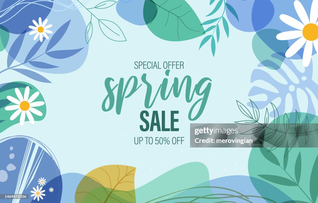 Spring sale illustration with tropical leaves background. Promotion banner, flyer and poster