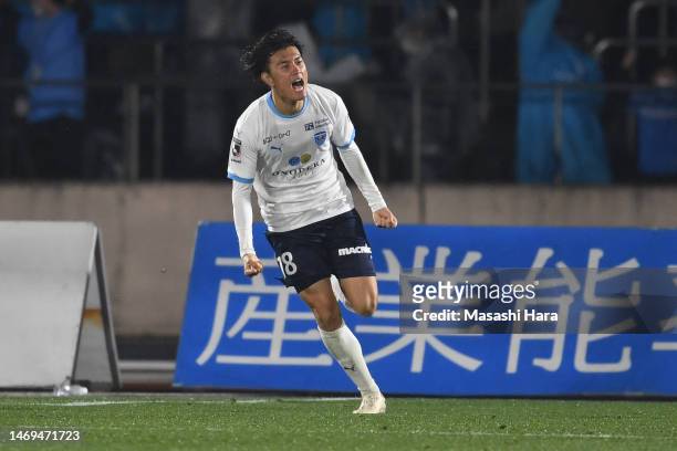 Koki Ogawa of Yokohama FC celebrates the second goal during the J.LEAGUE Meiji Yasuda J1 2nd Sec. Match between Shonan Bellmare and Yokohama FC at...