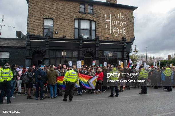 Hundreds of anti fascists, LGBTIQA+ people and locals attend a counter protest to defend The Honor Oak pub and Drag Queen Story Hour against a much...