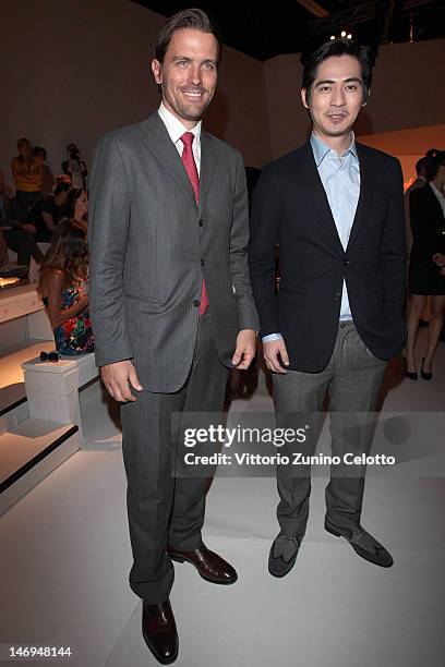 James Ferragamo and Vic Chou attend the Salvatore Ferragamo show as part of Milan Fashion Week Menswear Spring/Summer 2013 on June 24, 2012 in Milan,...