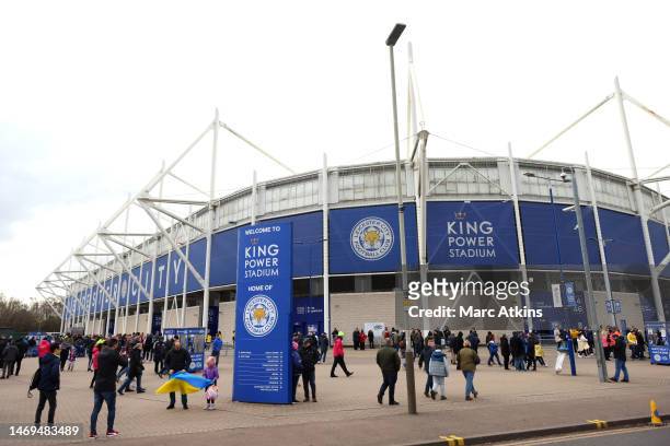 General view outside the stadium as fans arrive prior to the Premier League match between Leicester City and Arsenal FC at The King Power Stadium on...