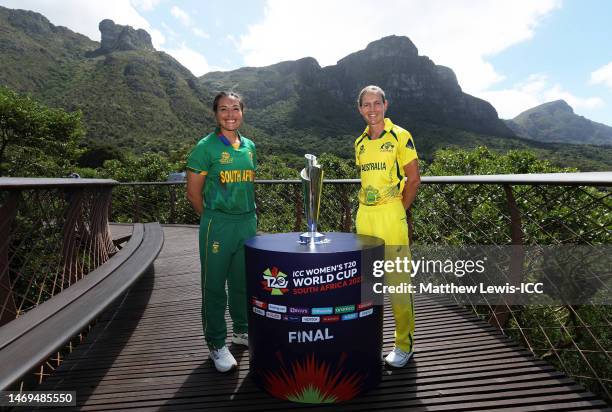 Sune Luus of South Africa and Meg Lanning of Australia pose alongside the ICC Women's T20 World Cup Trophy ahead of the ICC Women's T20 World Cup...