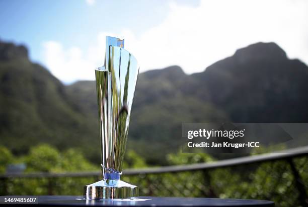 Detailed view of the ICC Women's T20 World Cup Trophy ahead of the ICC Women's T20 World Cup Final match between Australia and South Africa at...