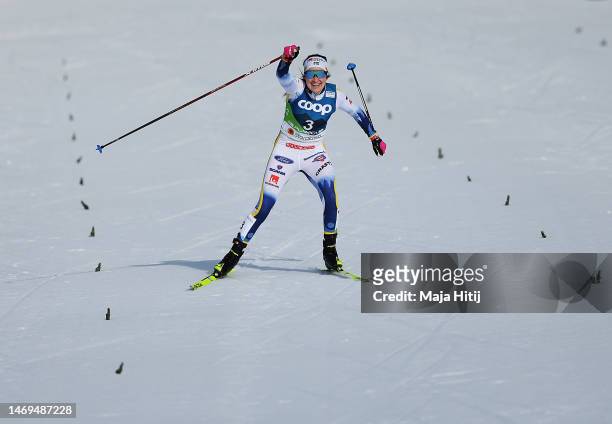 Ebba Andersson of Sweden wins the Cross-Country Women's 7.5km Skiathlon Classic/Free at the FIS Nordic World Ski Championships Planica on February...