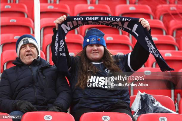 Fans of Millwall wait for kick-off during the Sky Bet Championship match between Stoke City and Millwall at Bet365 Stadium on February 25, 2023 in...