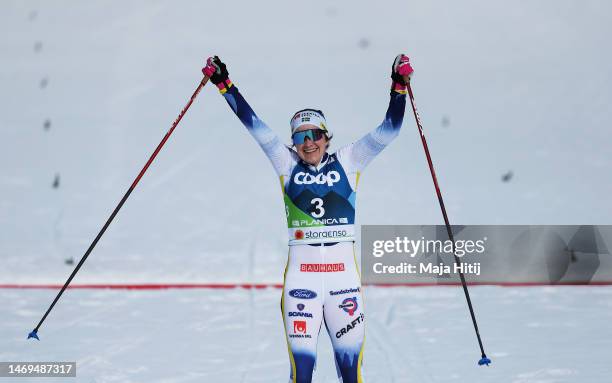 Ebba Andersson of Sweden celebrates after winning the Cross-Country Women's 7.5km Skiathlon Classic/Free at the FIS Nordic World Ski Championships...