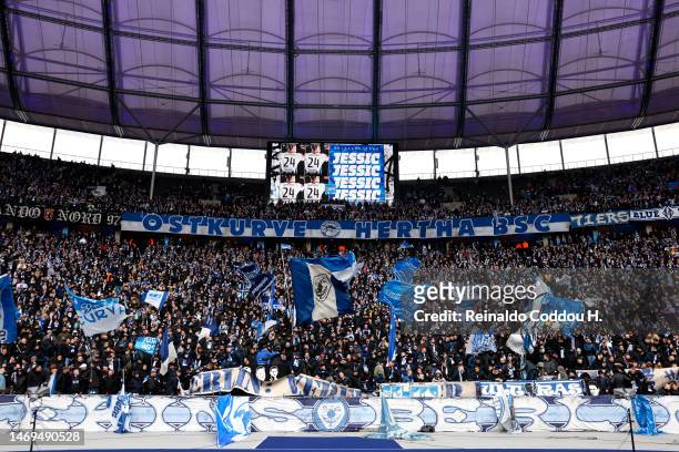 General view inside the stadium as Hertha BSC fans look on prior to the Bundesliga match between Hertha BSC and FC Augsburg at Olympiastadion on...