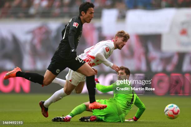Timo Werner of RB Leipzig scores the team's first goal during the Bundesliga match between RB Leipzig and Eintracht Frankfurt at Red Bull Arena on...
