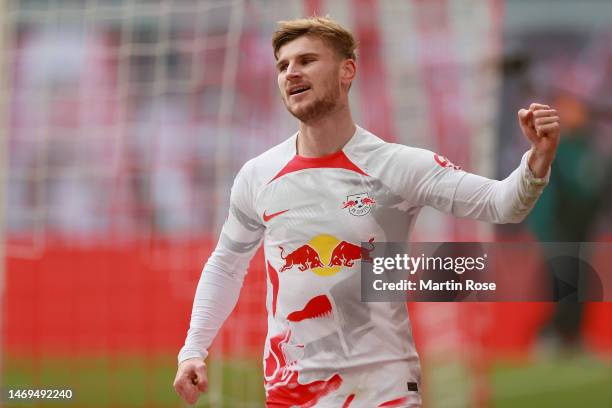 Timo Werner of RB Leipzig celebrates after scoring the team's first goal during the Bundesliga match between RB Leipzig and Eintracht Frankfurt at...