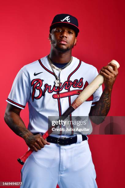 Ronald Acuña Jr. #13 of the Atlanta Braves poses for a portrait during the 2023 Atlanta Braves Photo Day at CoolToday Park on February 24, 2023 in...