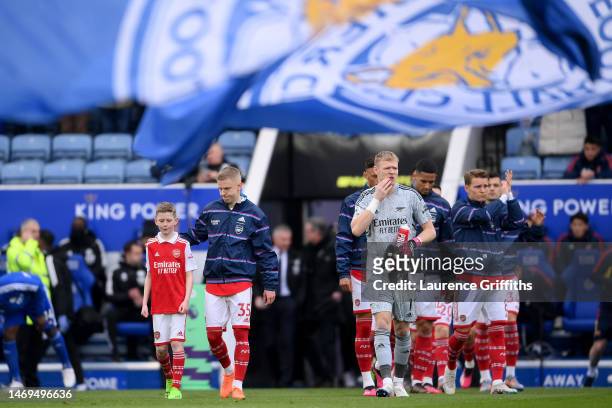 Oleksandr Zinchenko of Arsenal leads their side out prior to the Premier League match between Leicester City and Arsenal FC at The King Power Stadium...