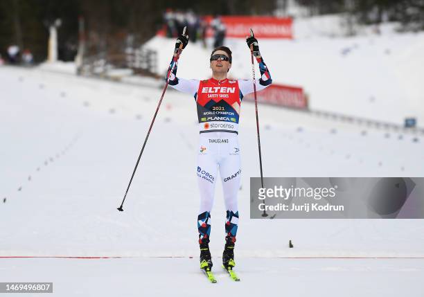 Jarl Magnus Riiber of Norway celebrates victory during the Nordic Combined Men's Gundersen HS100/10km at the FIS Nordic World Ski Championships...