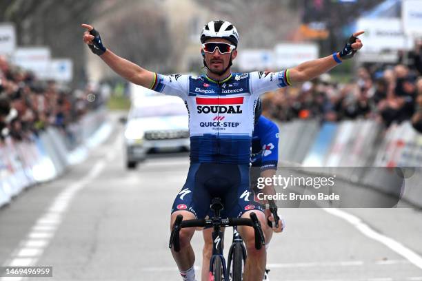Julian Alaphilippe of France and Team Soudal Quick-Step celebrates at finish line as race winner during the 23rd Faun-Ardèche Classic 2023 -...
