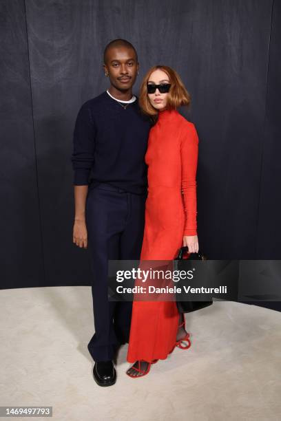 Designer Maximilian Davis and Nadia Lee Cohen are seen at the backstage of the Salvatore Ferragamo Fall/Winter 2023-2024 Show on February 25, 2023 in...