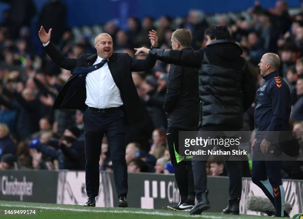 Sean Dyche, Manager of Everton, reacts during the Premier League match between Everton FC and Aston Villa at Goodison Park on February 25, 2023 in...