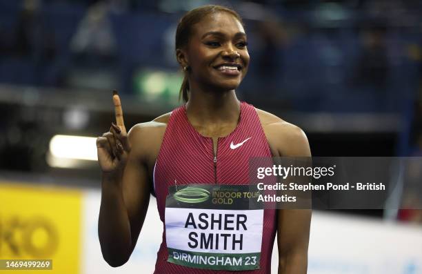 Dina Asher-Smith of Great Britain celebrates after winning the Women's 60m Final during the World Athletics Indoor Tour - Birmingham at Utilita Arena...