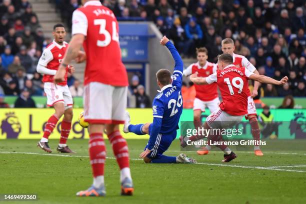 Leandro Trossard of Arsenal scores their sides goal which is later disallowed during the Premier League match between Leicester City and Arsenal FC...