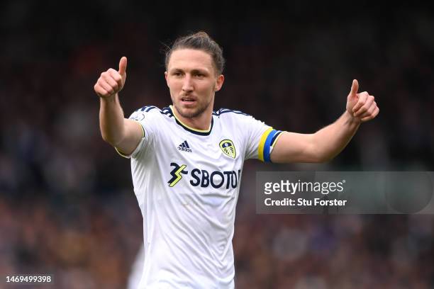 Luke Ayling of Leeds United reacts while wearing the captains armband to indicate peace and sympathy with Ukraine one year on during the Premier...
