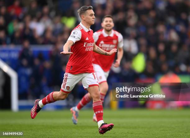 Leandro Trossard of Arsenal celebrates their sides goal which is later disallowed during the Premier League match between Leicester City and Arsenal...