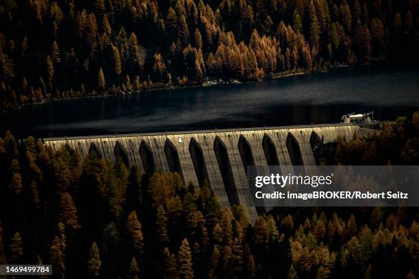 dam of the zufrittsee with autumnal mountain forest, martell valley, merano, vinschgau, south tyrol, italy - martell valley italy - fotografias e filmes do acervo