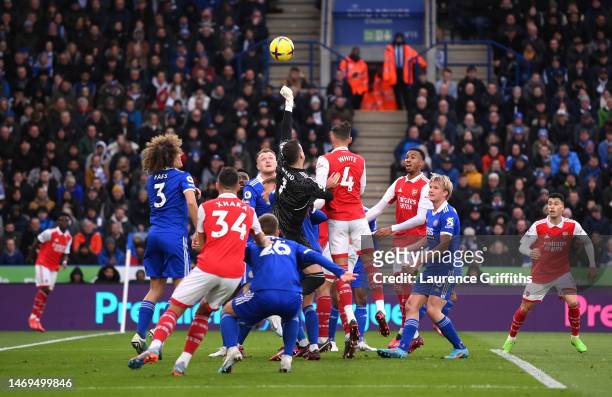 Ben White of Arsenal fouls Danny Ward of Leicester City during the Premier League match between Leicester City and Arsenal FC at The King Power...
