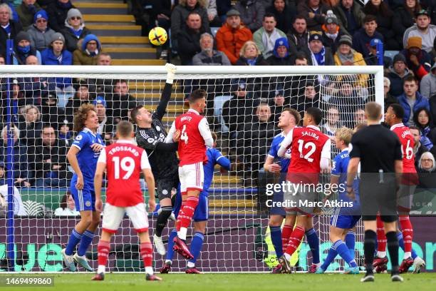 Ben White of Arsenal fouls Danny Ward of Leicester City during the Premier League match between Leicester City and Arsenal FC at The King Power...